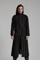 Black Stand Collar Long Sleeves Rivets Strap Zip Men's Punk Long Coat